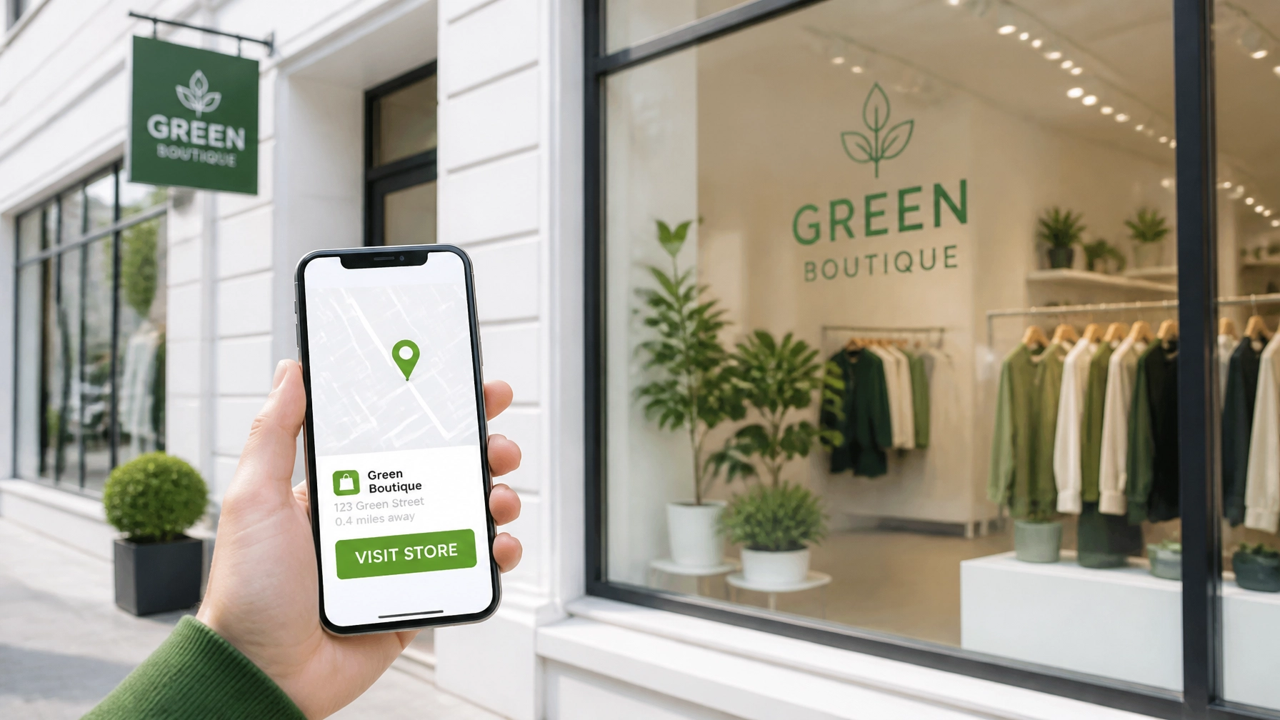 A clean, modern boutique storefront with a digital map displayed on a smartphone