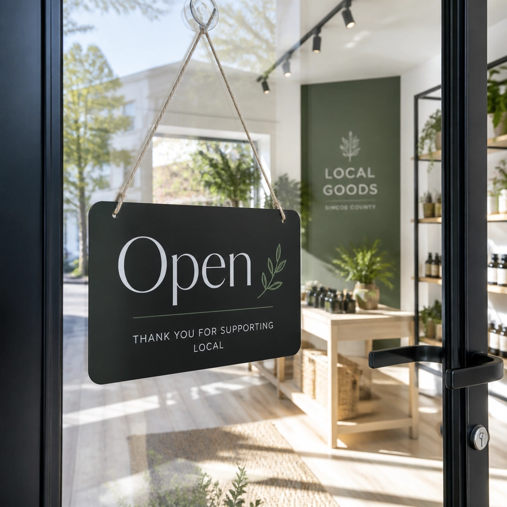 A modern Open sign on a glass door of a local boutique, representing a successful Simcoe County small business.
