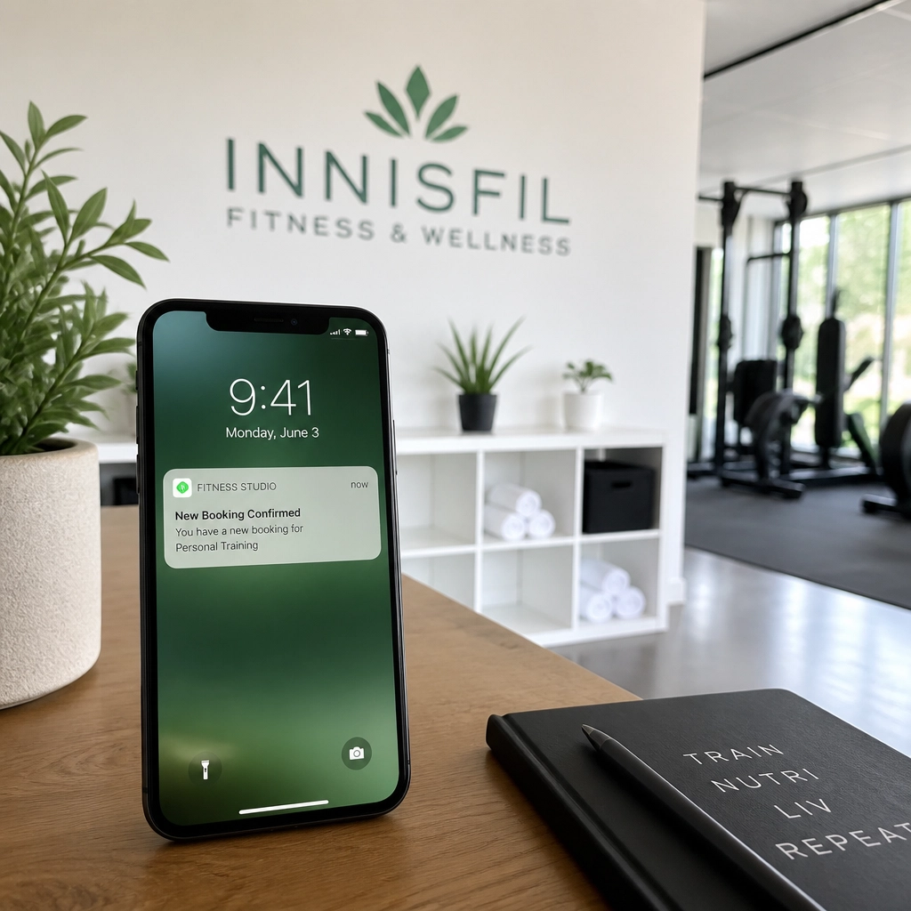 A modern smartphone on a wooden desk showing a booking notification with a bright gym in the background