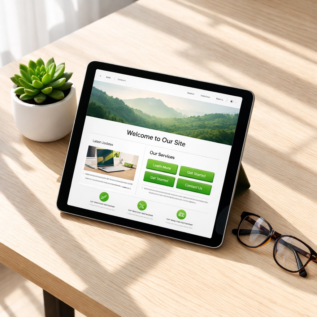 Modern tablet showing a professional website design on a minimalist office desk.