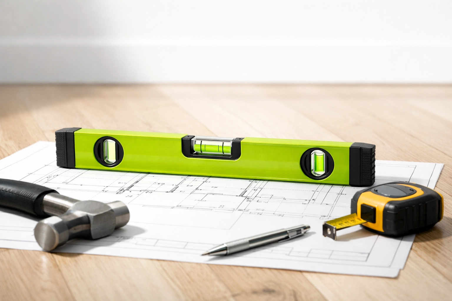Professional contractor tools and architectural plans on hardwood flooring showing local project craftsmanship.