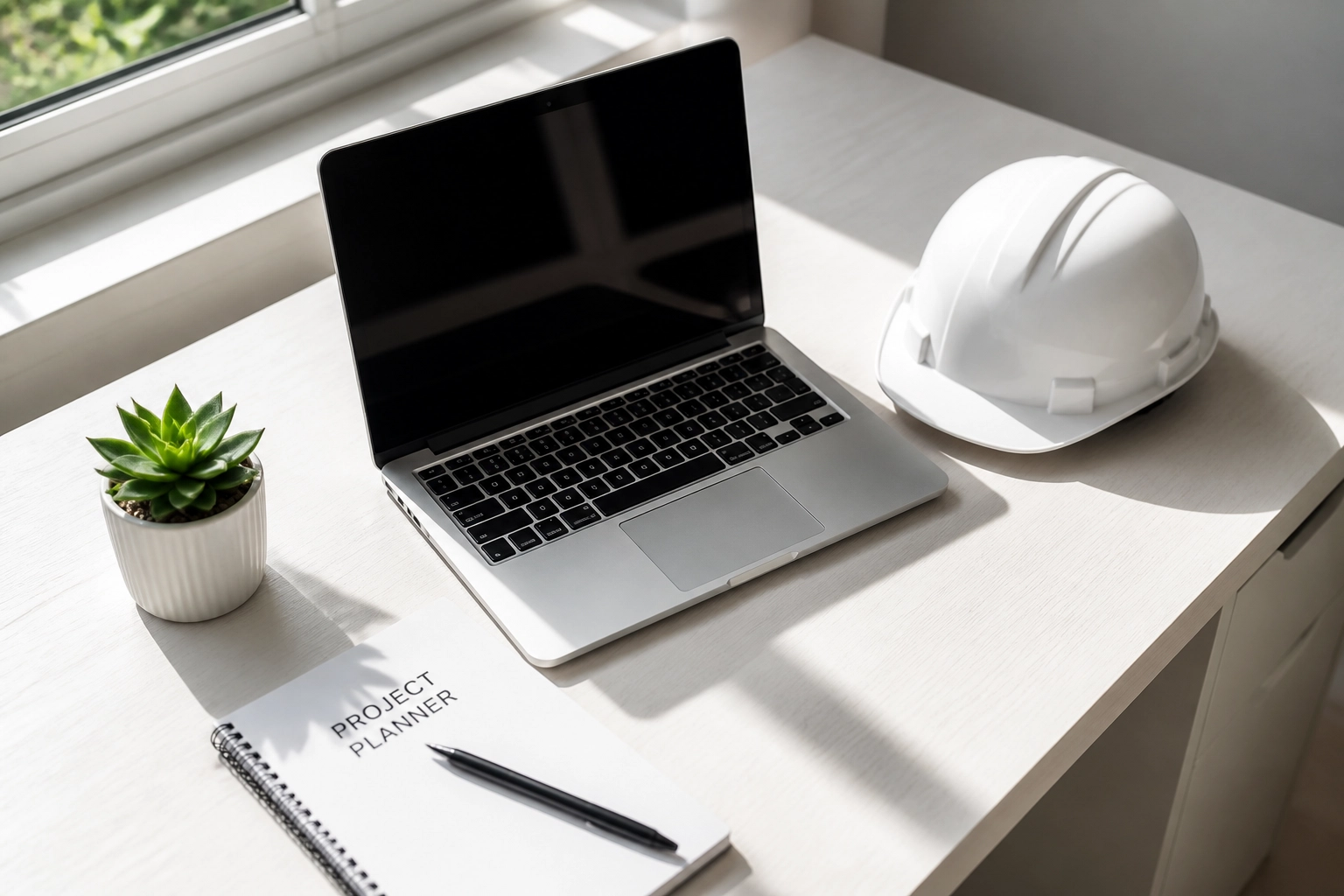 Professional contractor laptop and hard hat on a desk, representing a secure digital business identity.