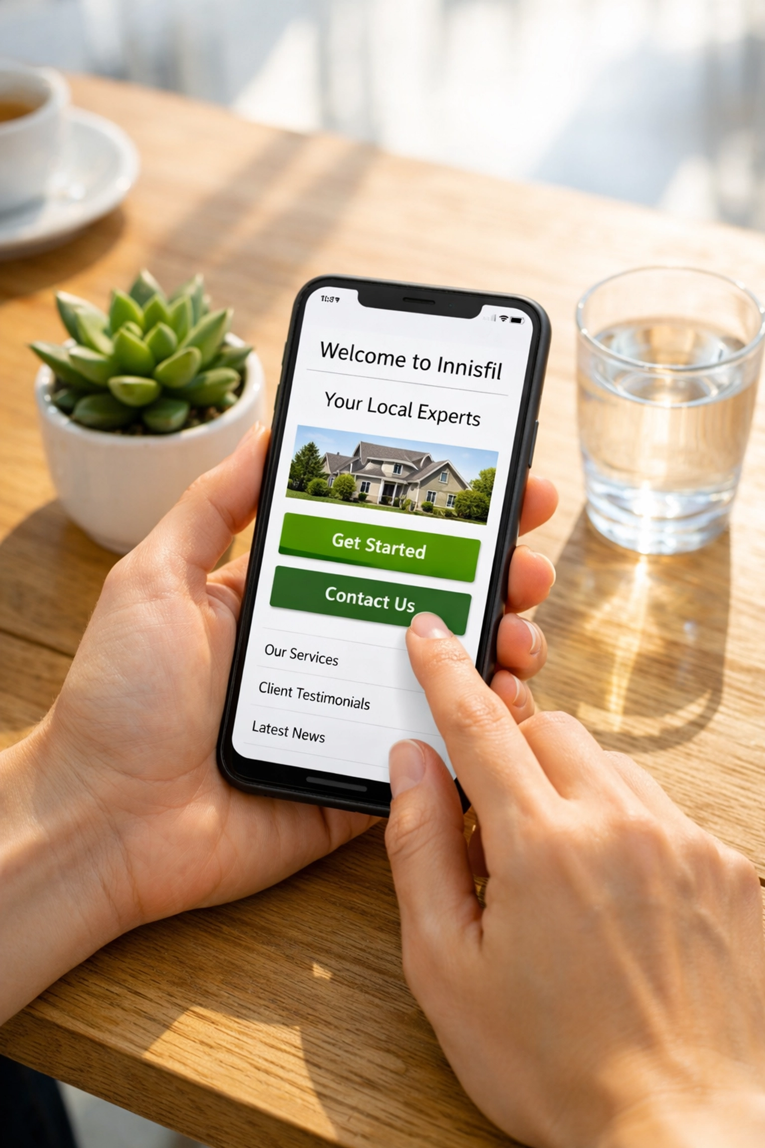 Mobile-friendly website design displayed on a smartphone for a local business in Innisfil.