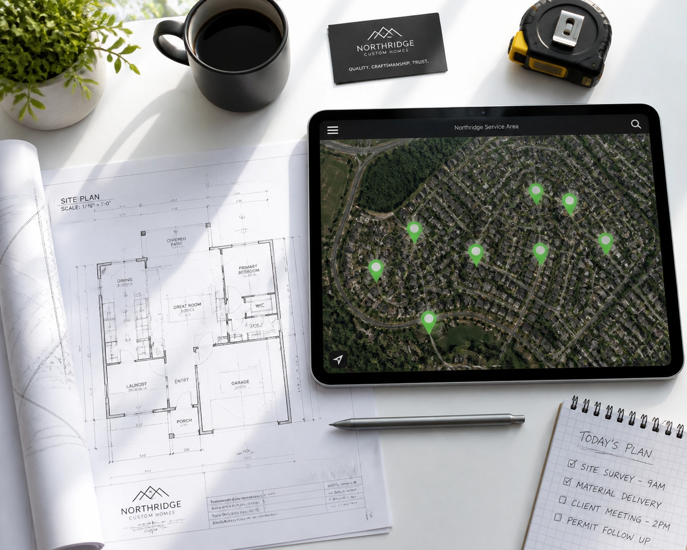 Contractor's tablet displaying a local service area map with digital location markers for SEO targeting.