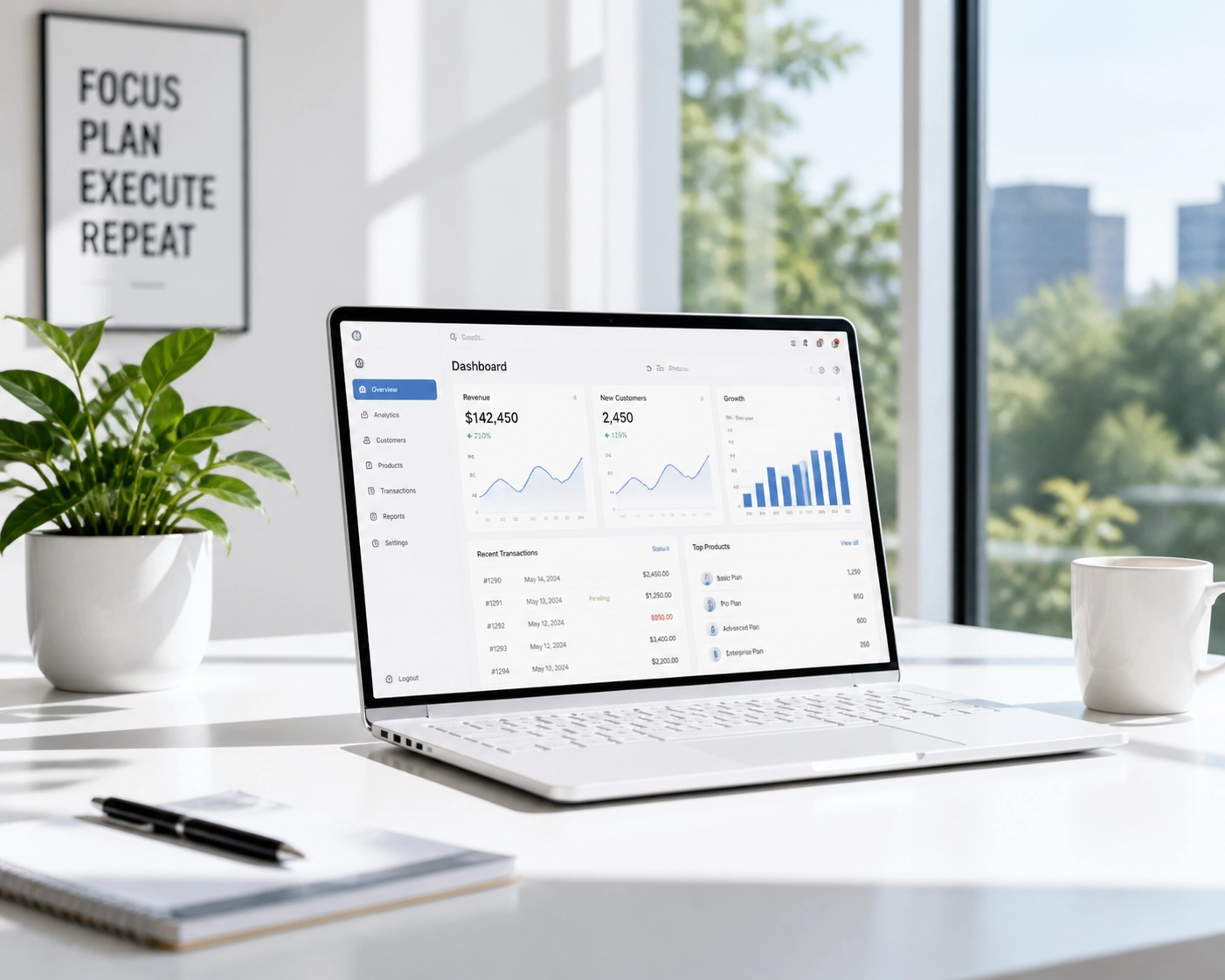 A fast laptop on a clean white desk illustrating high-performance small business website design.