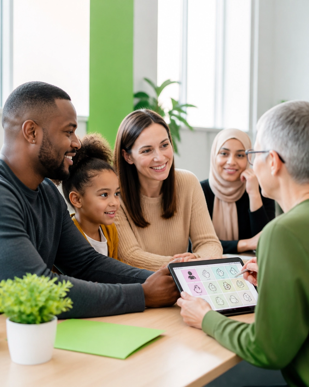 Diverse parents and a school staff member reviewing accessible online school information on a tablet