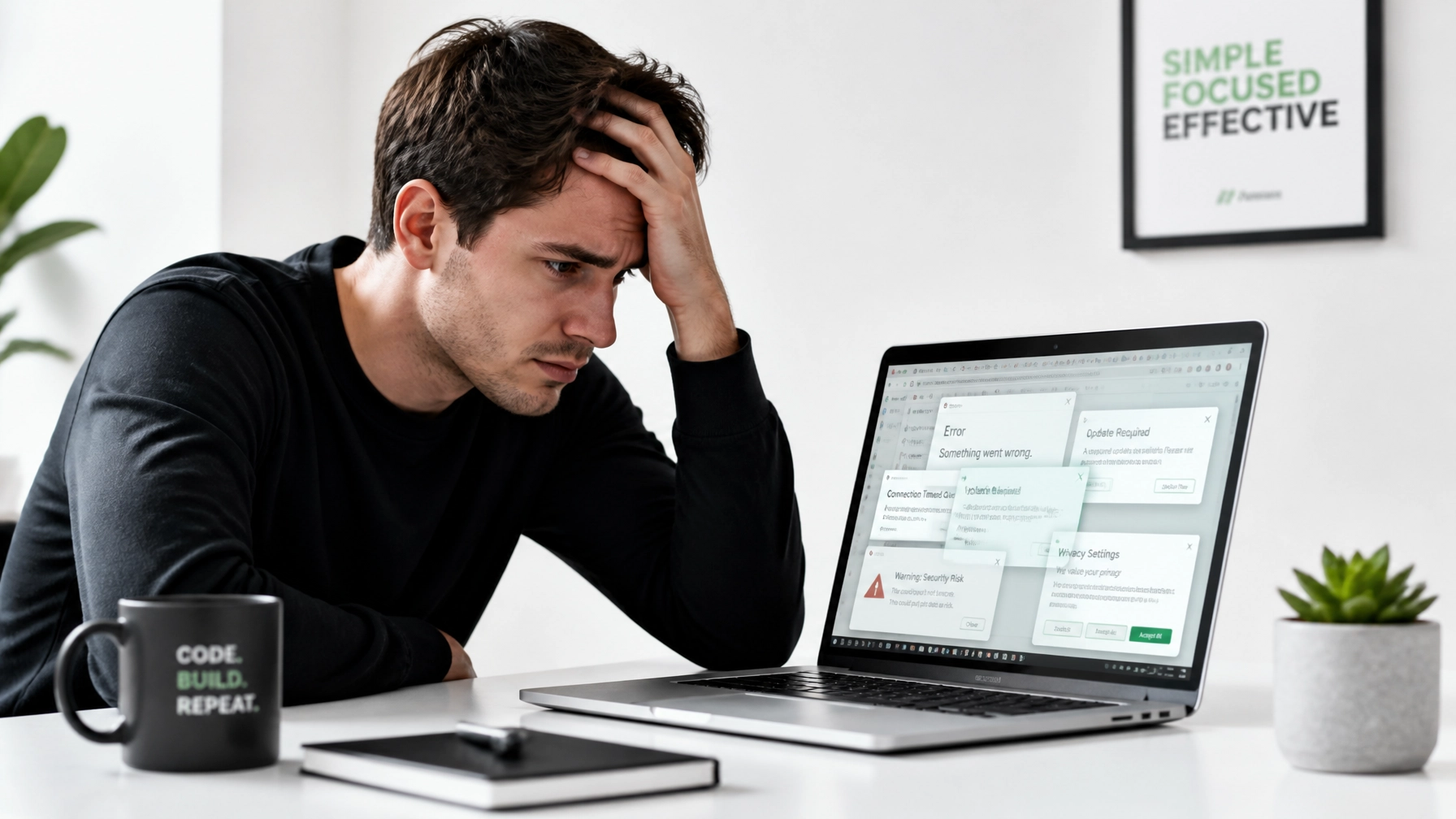 A person showing frustration at a laptop screen, representing the difficulties of DIY website management.