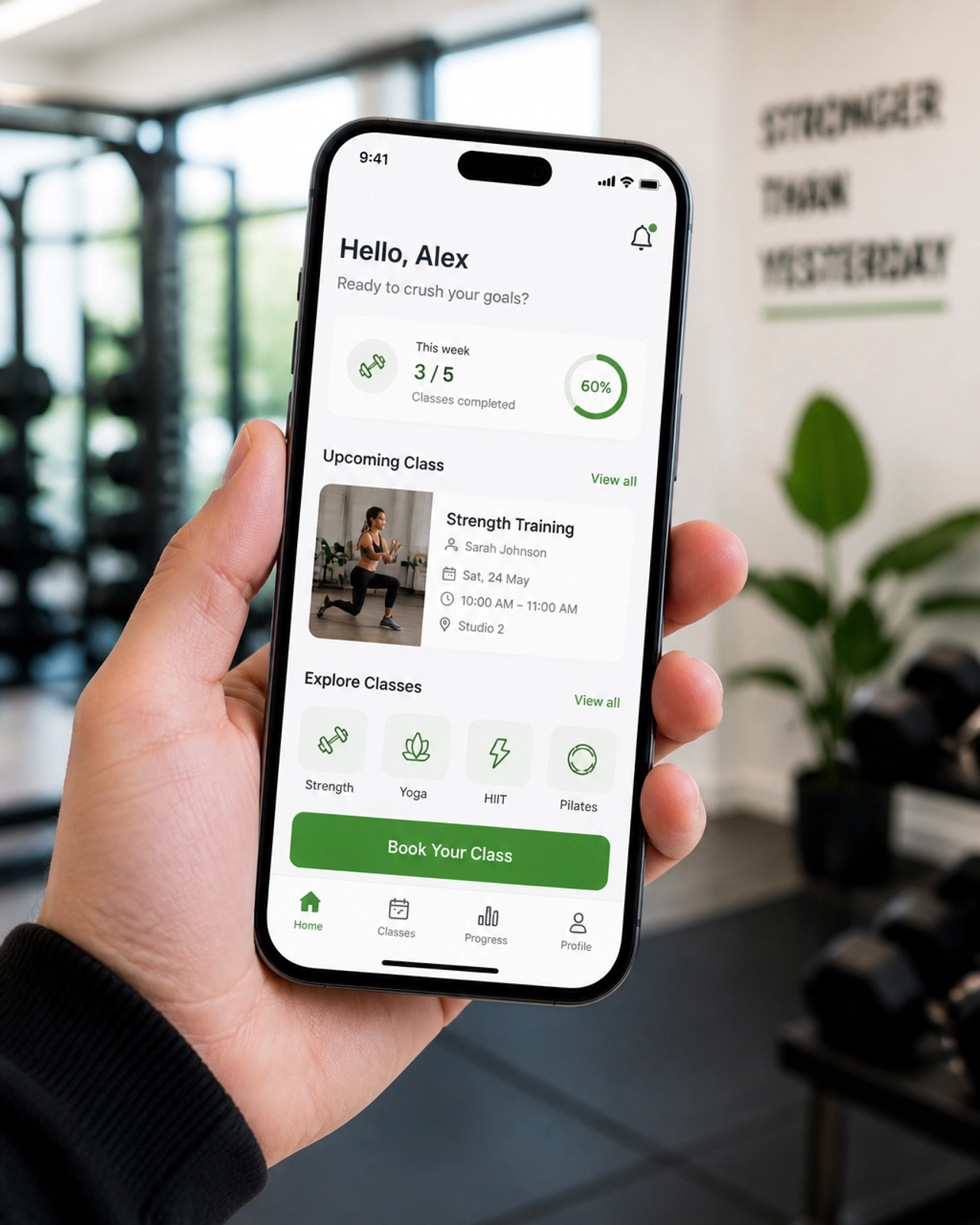 Smartphone displaying a minimalist fitness booking app interface