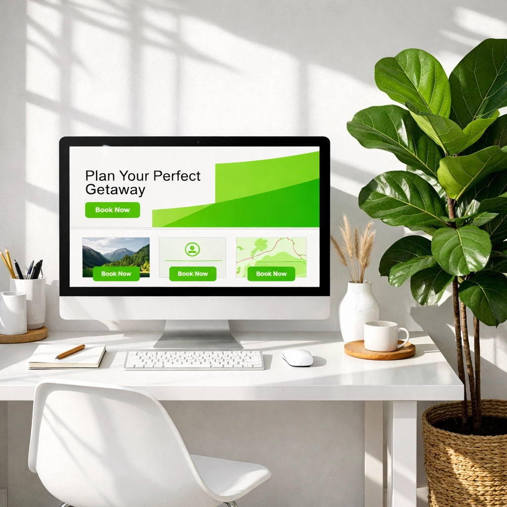 Desktop monitor showing a custom website design with prominent booking call-to-action buttons.