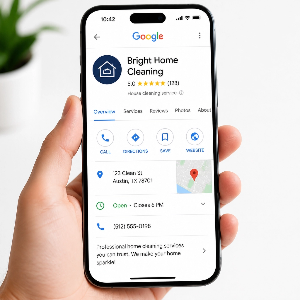 Smartphone showing a 5-star Google Business Profile listing