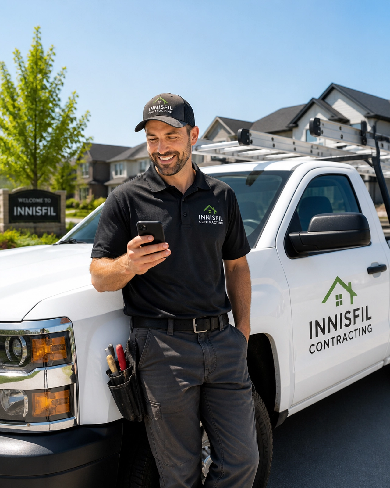 A contractor in Innisfil using a smartphone to manage his business digital presence