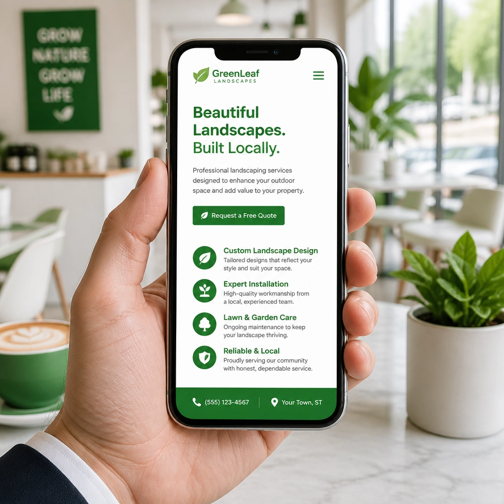 A smartphone displaying a well-structured local landing page optimized for AI search engines