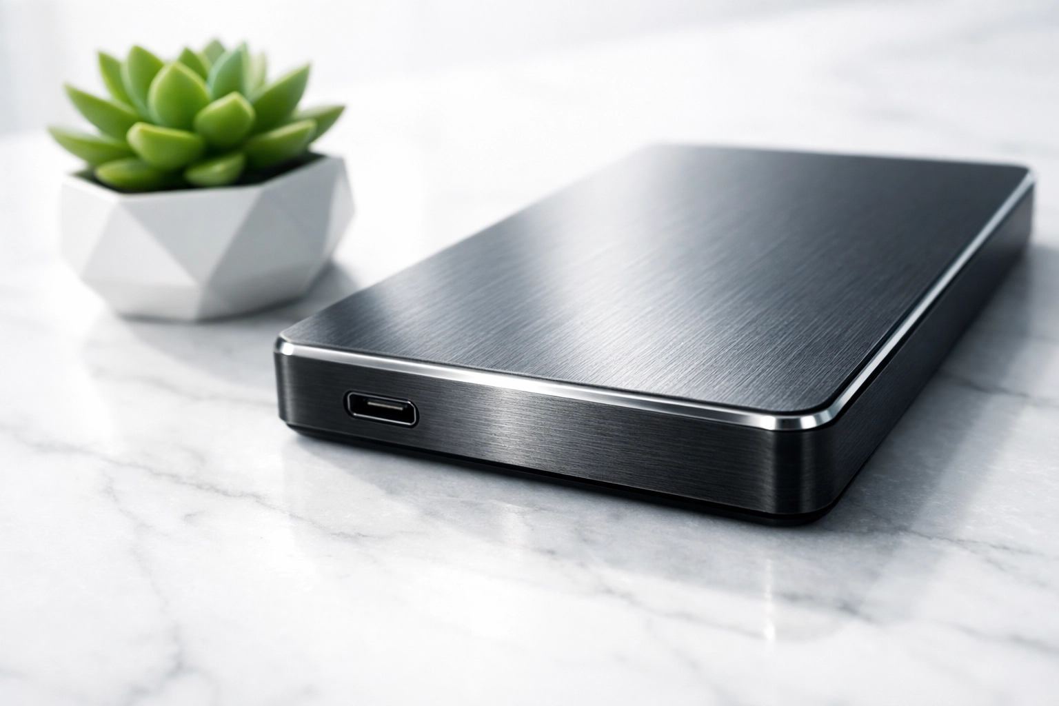 Sleek hard drive on a marble surface representing browser caching for efficient website performance.
