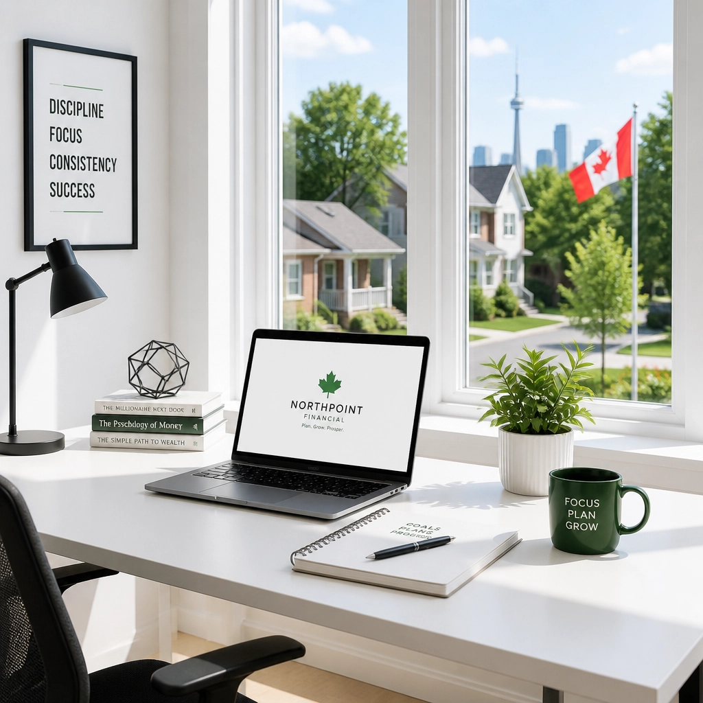 A bright and minimalist home office desk with a laptop and a green plant