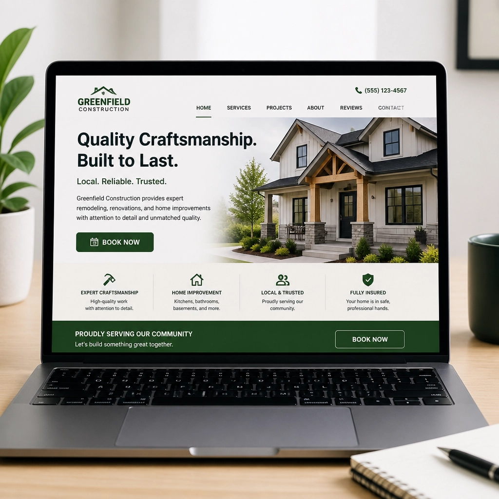 A high-quality laptop displaying a professional contractor's website with a clear booking button