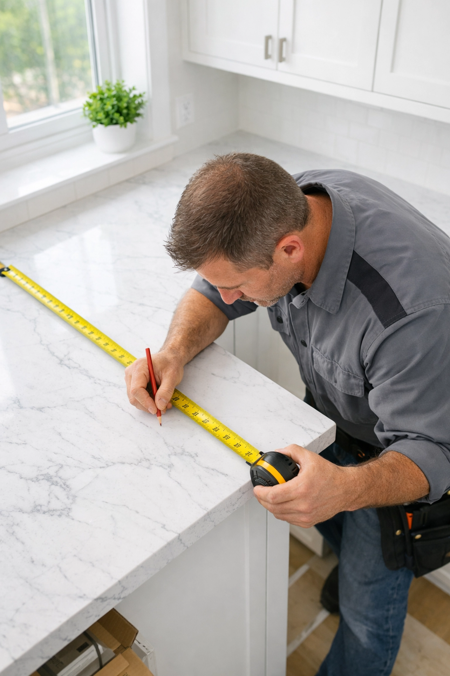 Authentic photo of a local contractor measuring a marble counter during a kitchen renovation.