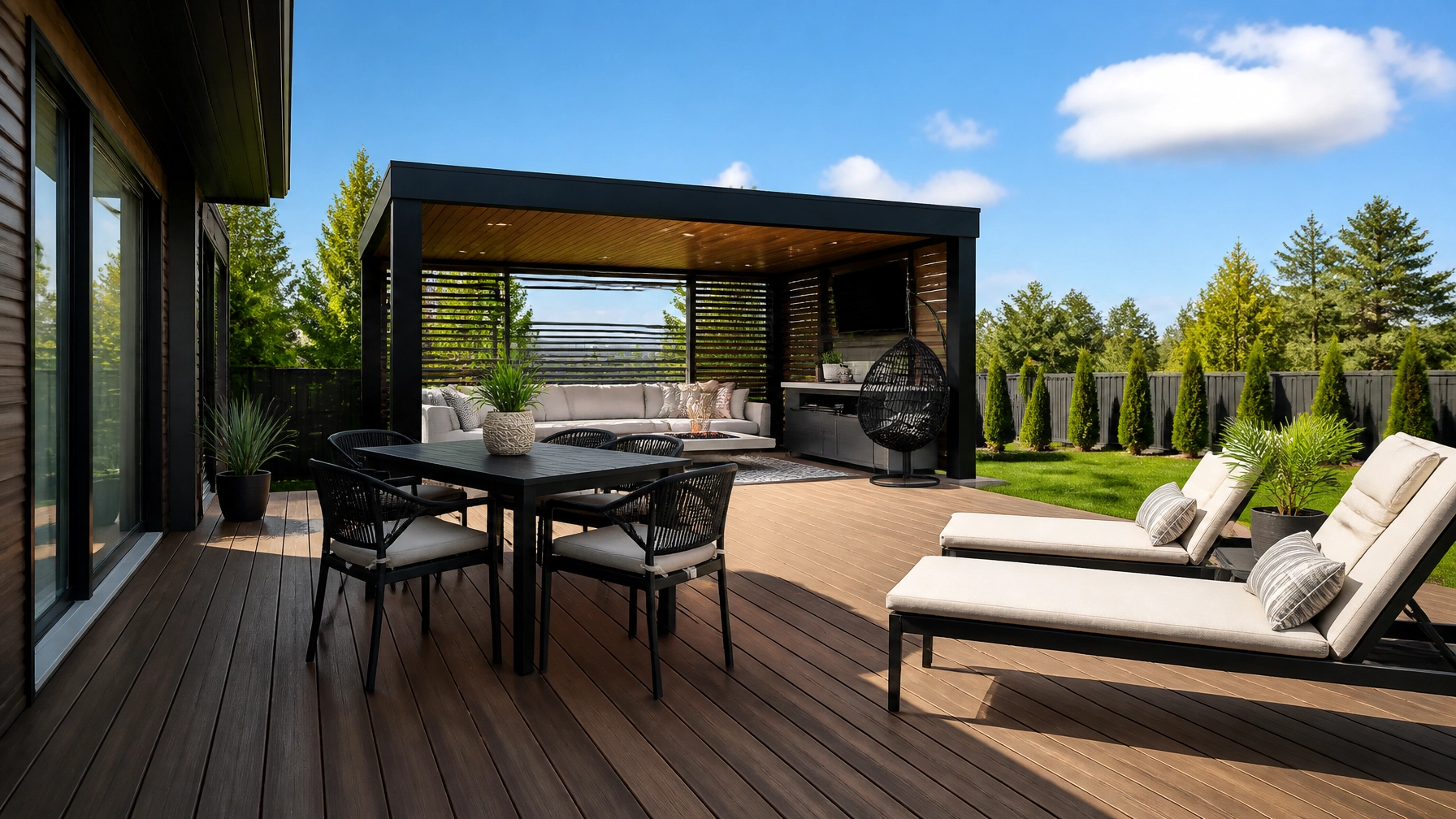 A professional photograph of a high-end custom deck renovation in Innisfil