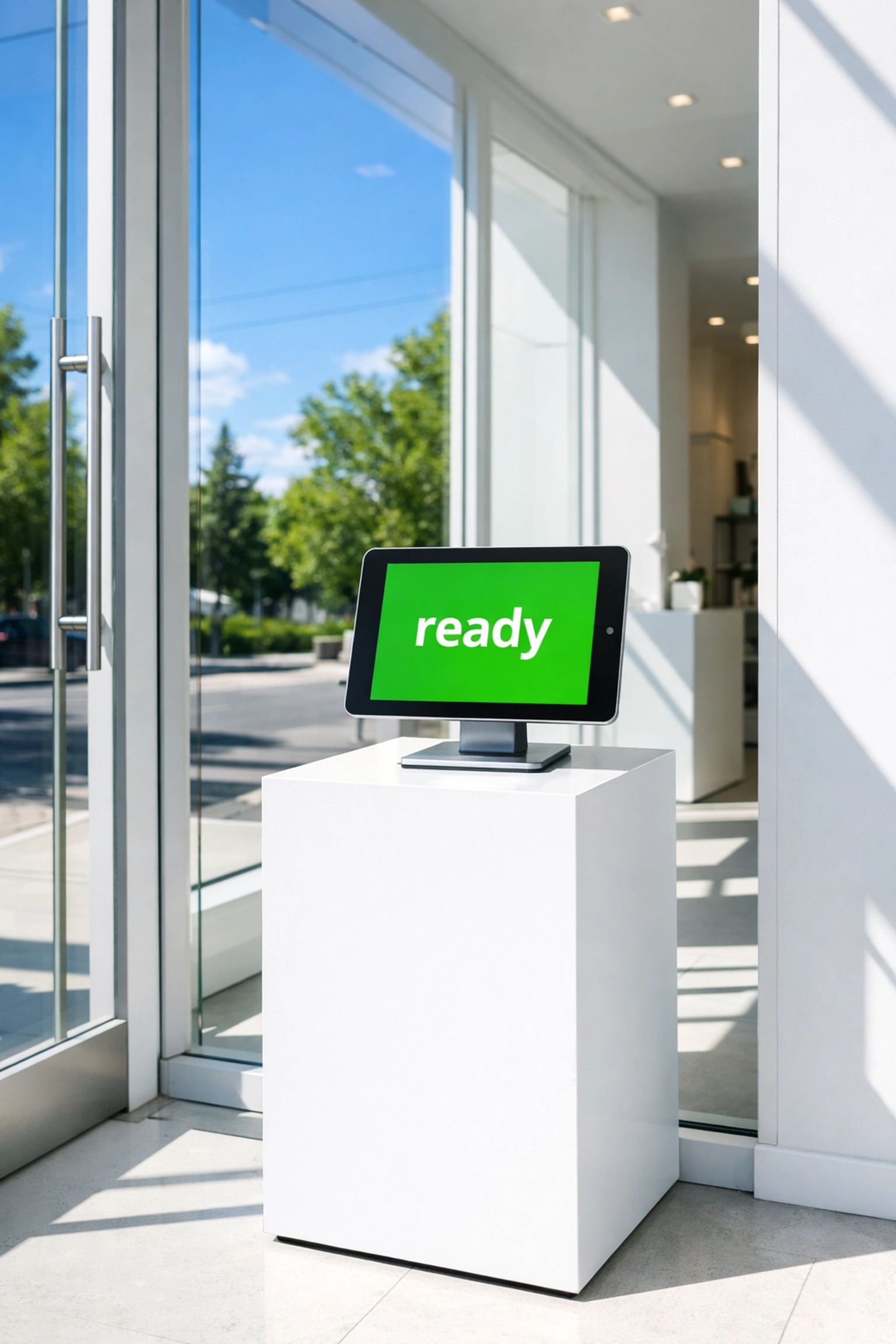 Modern office entrance showing a digital tablet for real-time online booking and availability.