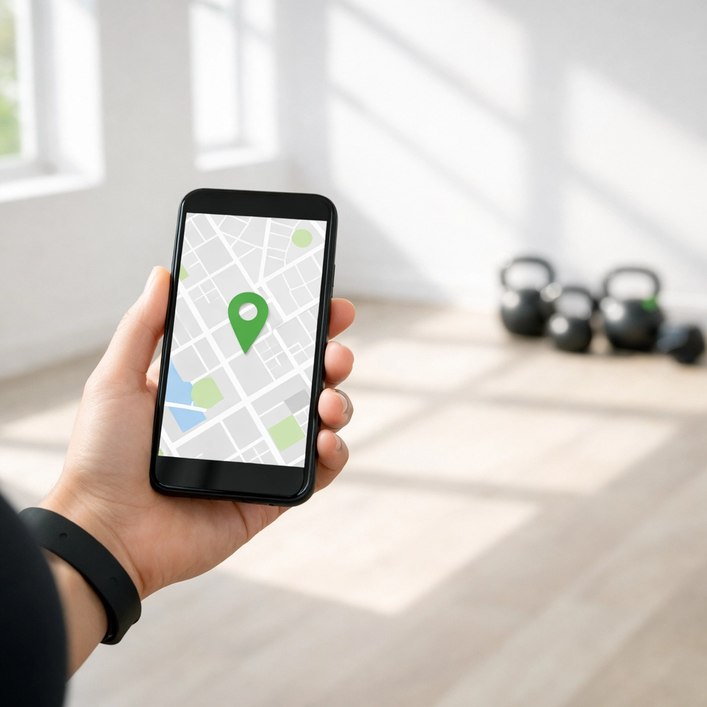 Local customer using a smartphone map to find a fitness studio via Google Business Profile.