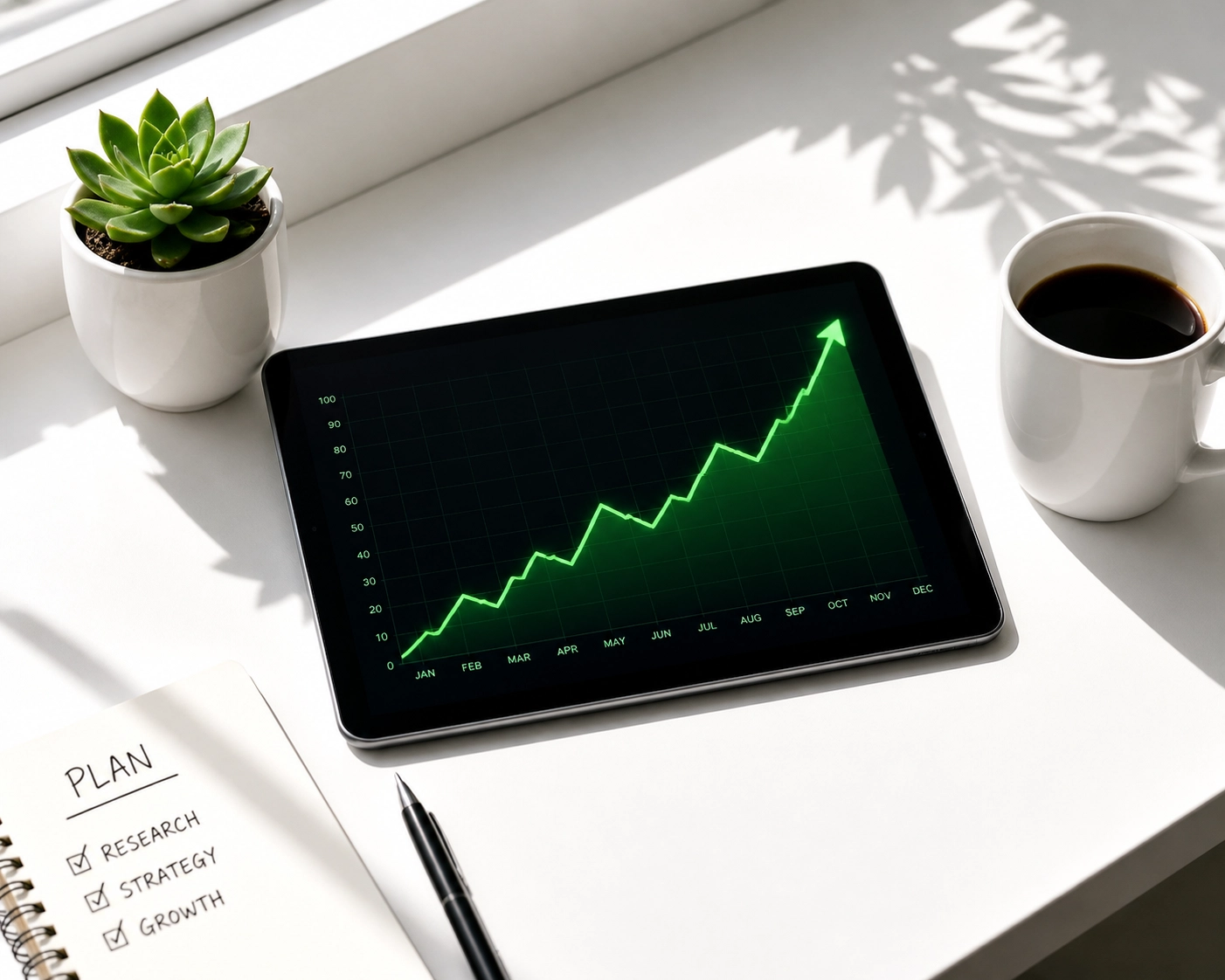 Minimalist workspace with a digital tablet displaying a rising green growth chart for local business success.