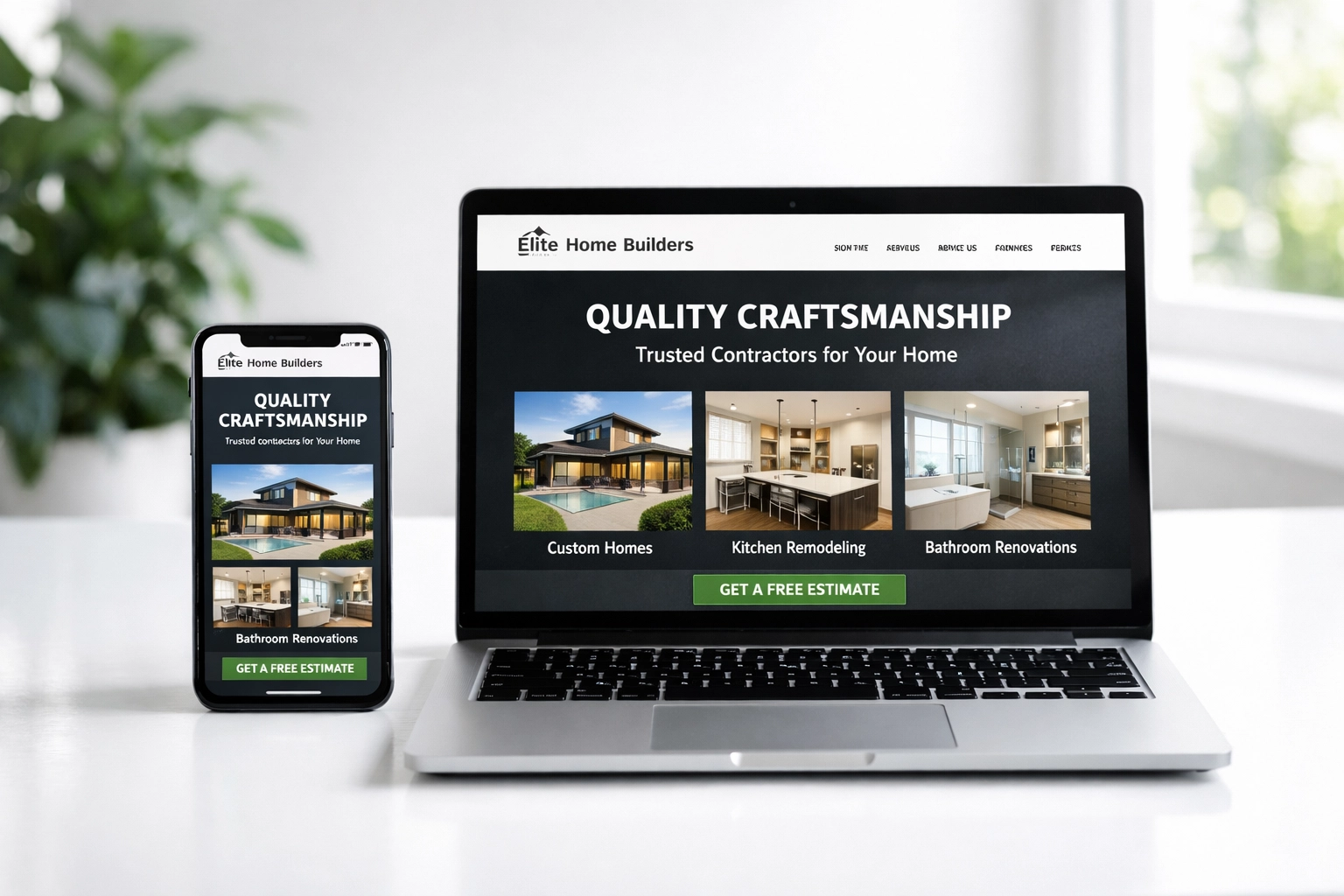 Mobile-responsive contractor website displayed on smartphone and laptop