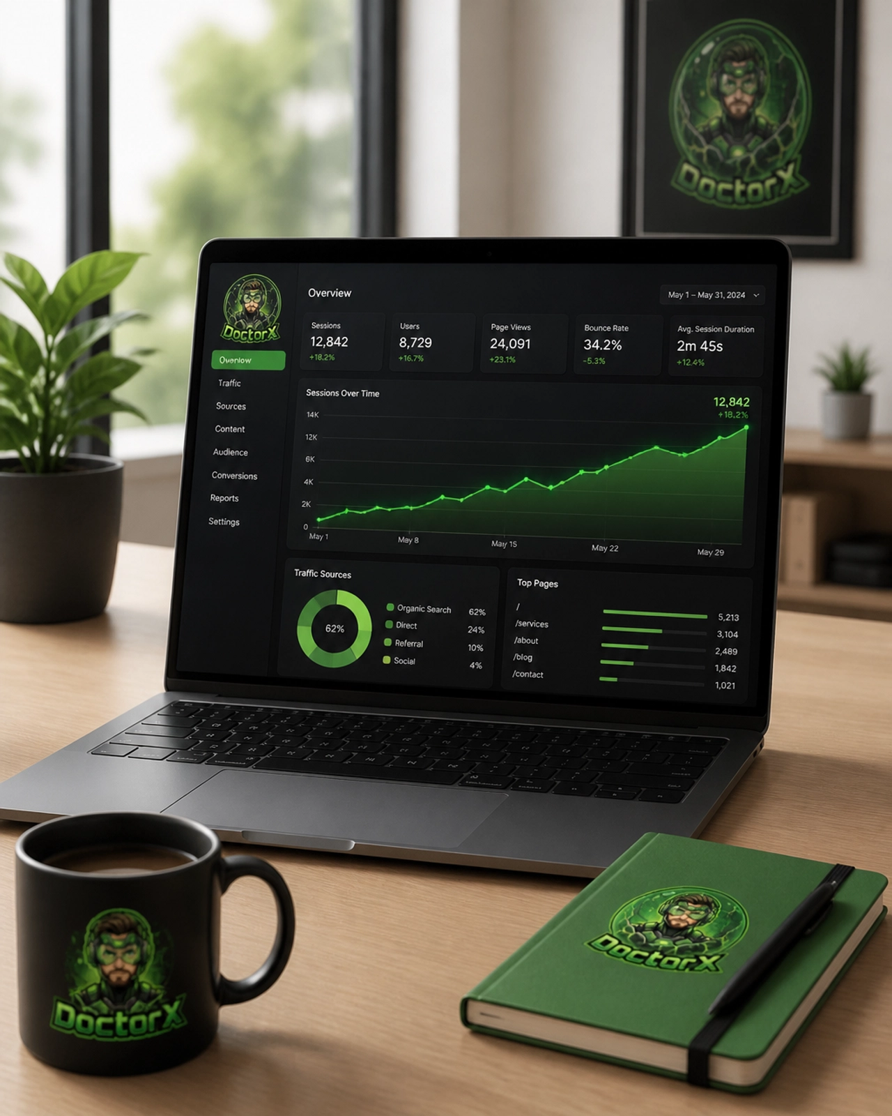 A professional desk with a laptop showing a successful analytics dashboard with green accents