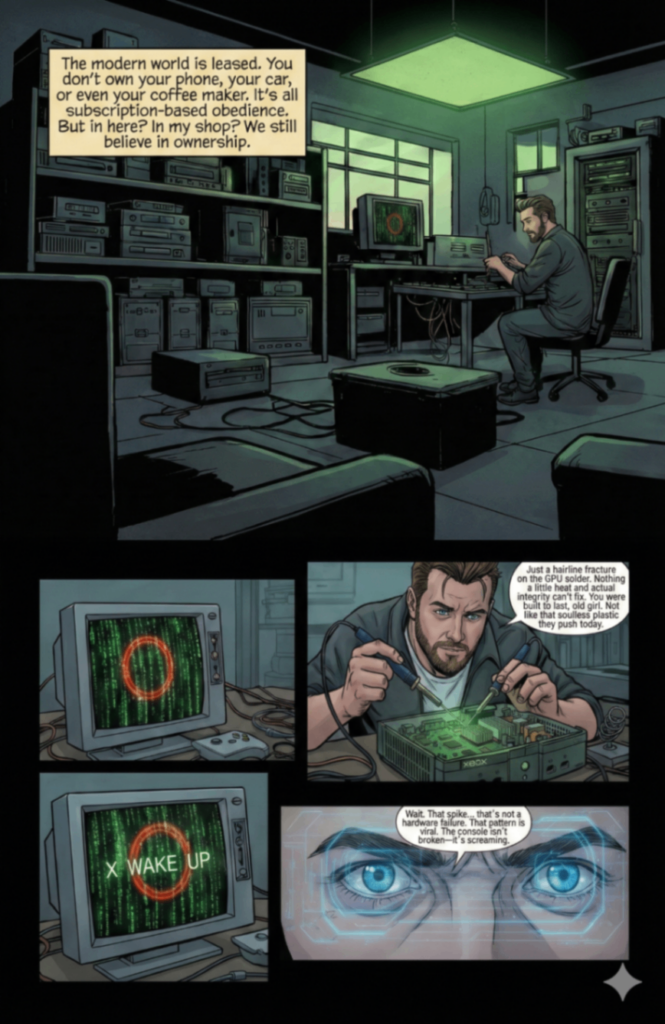DoctorX Comic Book Episode 1 Page 1 - A cyberpunk style comic page featuring DoctorX in his workshop discovering a viral pattern in an old console.