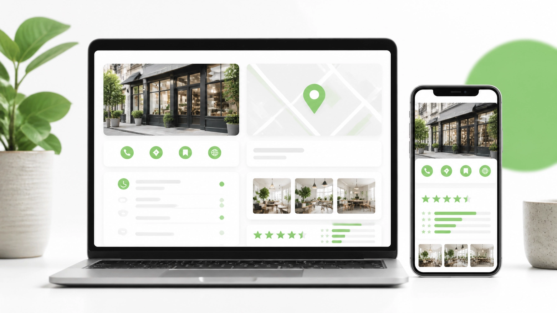 Laptop and smartphone displaying a generic local business profile with map and review elements