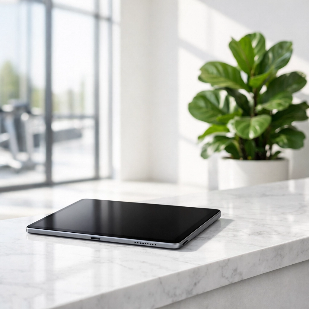 Digital tablet for automated gym class bookings on a modern white marble reception desk.