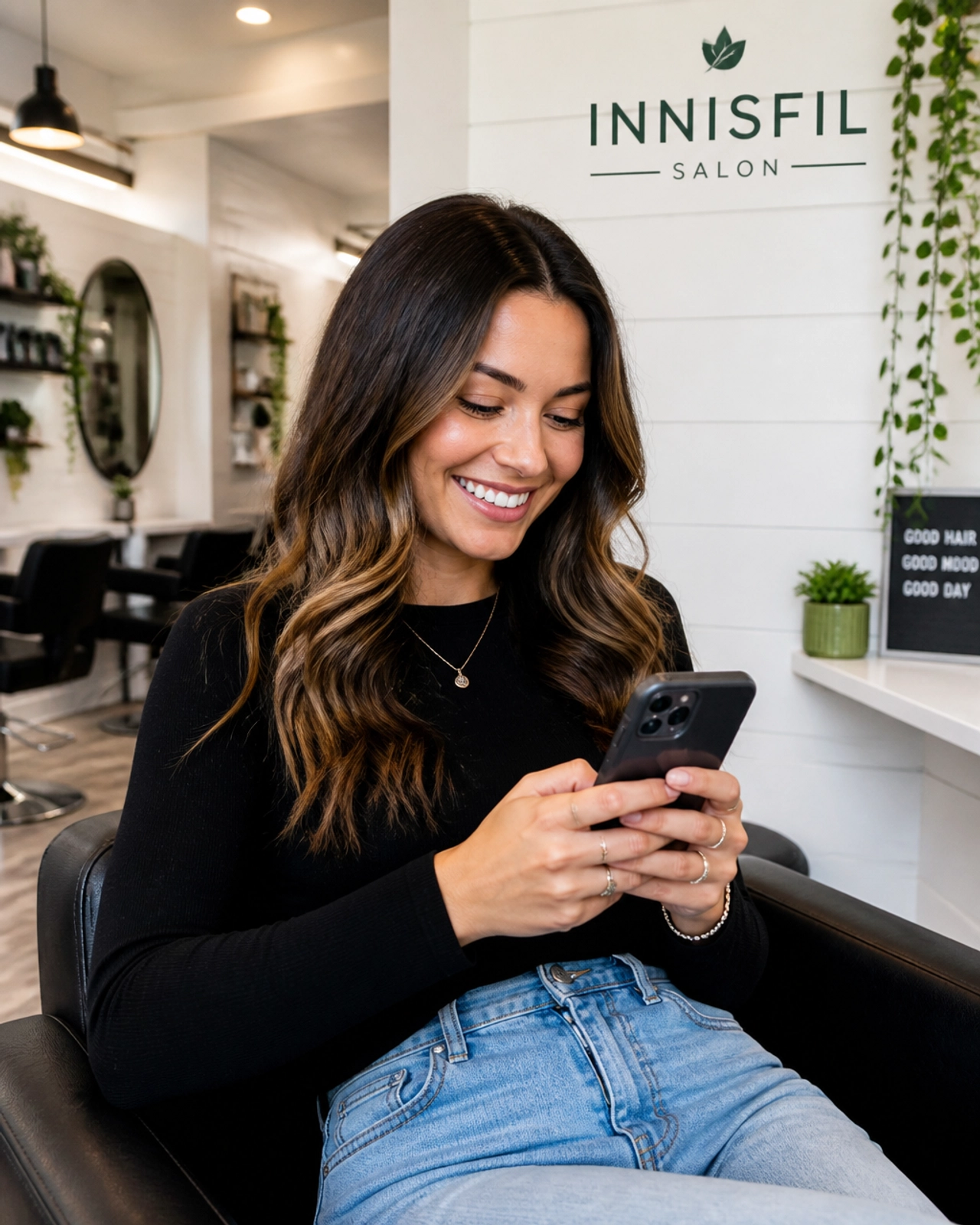 A happy local business client in Innisfil checking their phone, representing the positive impact of seamless online scheduling.