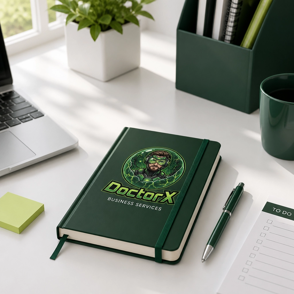 Clean white workspace with green notebook and pen