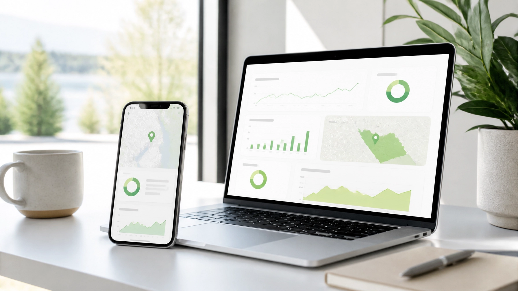 Smartphone and laptop displaying a clean mobile app dashboard with green analytics