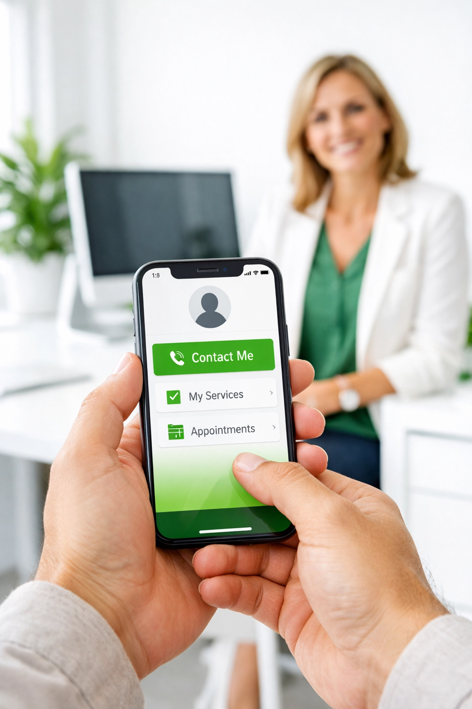 Smartphone with a clean mobile website interface held in a modern, professional office setting.