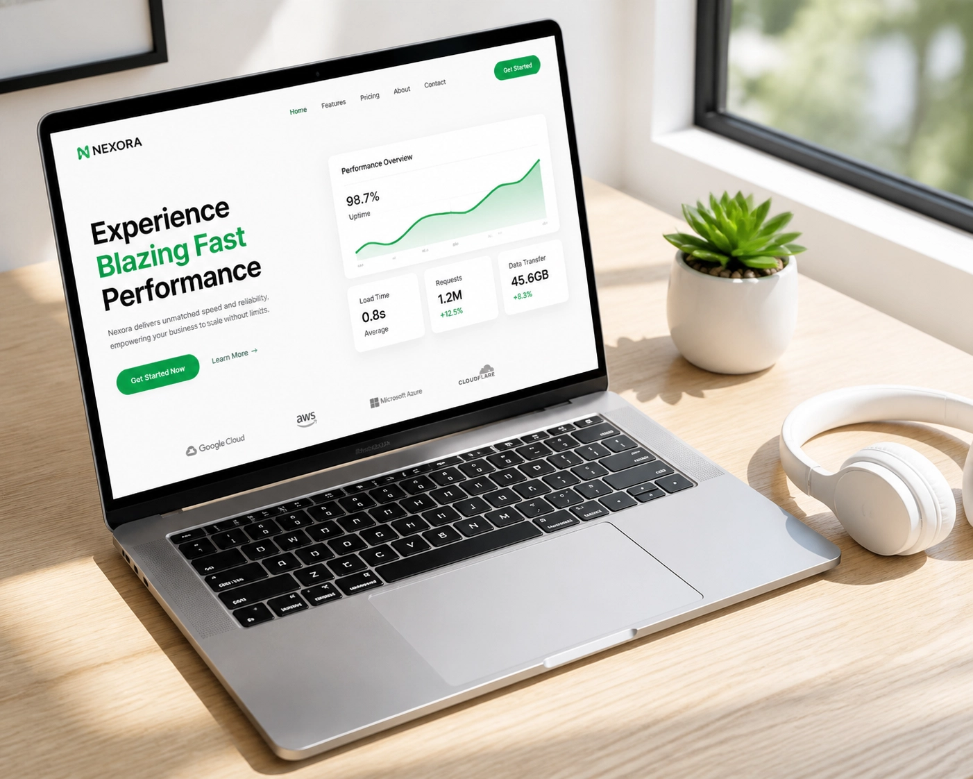 Modern high-speed website design on a silver laptop representing fast loading times for businesses.