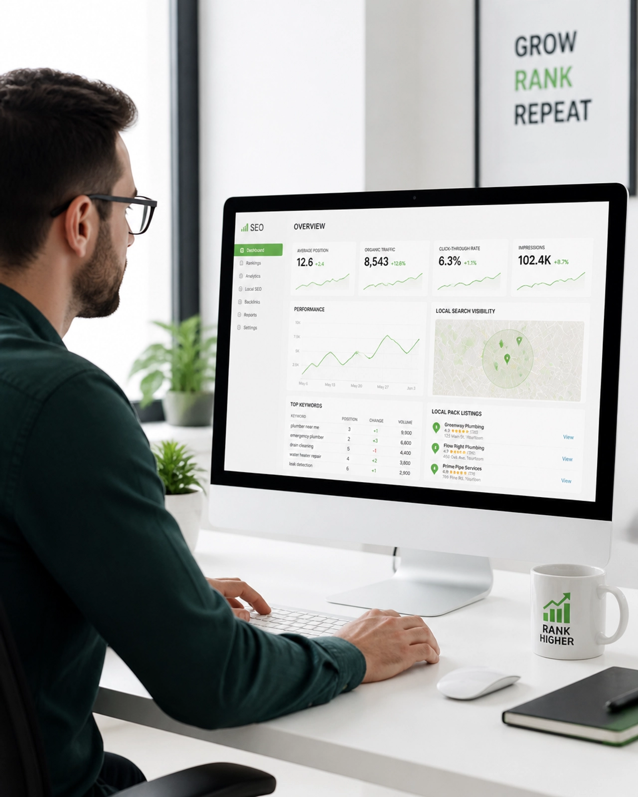 Professional analyzing SEO and local map listings