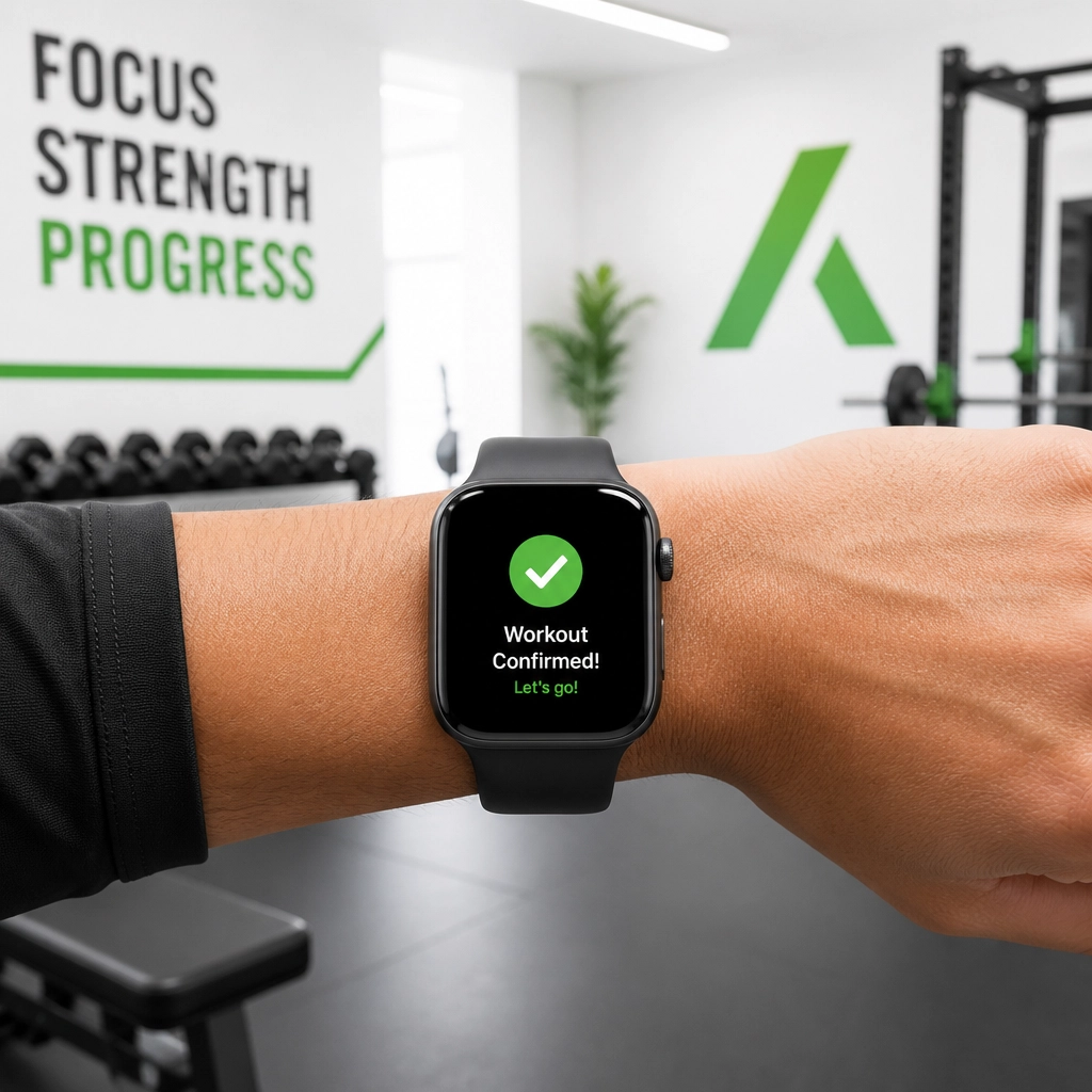 Smartwatch showing a workout confirmation notification in a bright gym