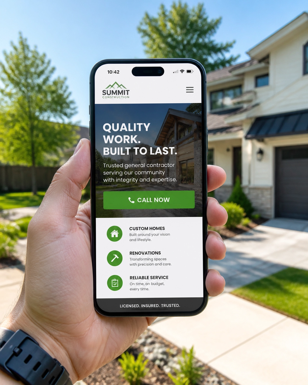 A hand holding a modern smartphone displaying a fast-loading contractor website with a large 'Call Now' button.