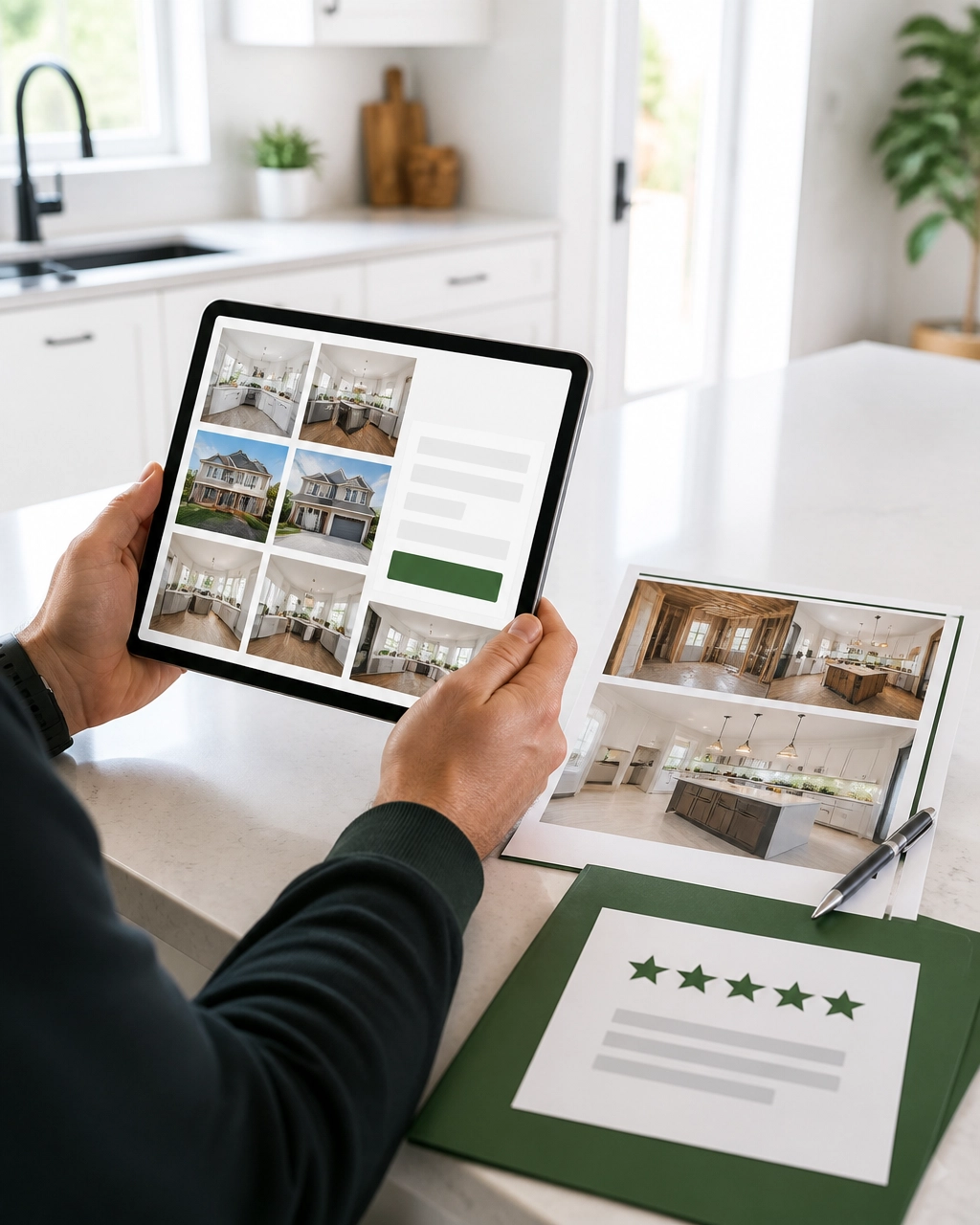Contractor reviewing an abstract website portfolio and contact form on a tablet