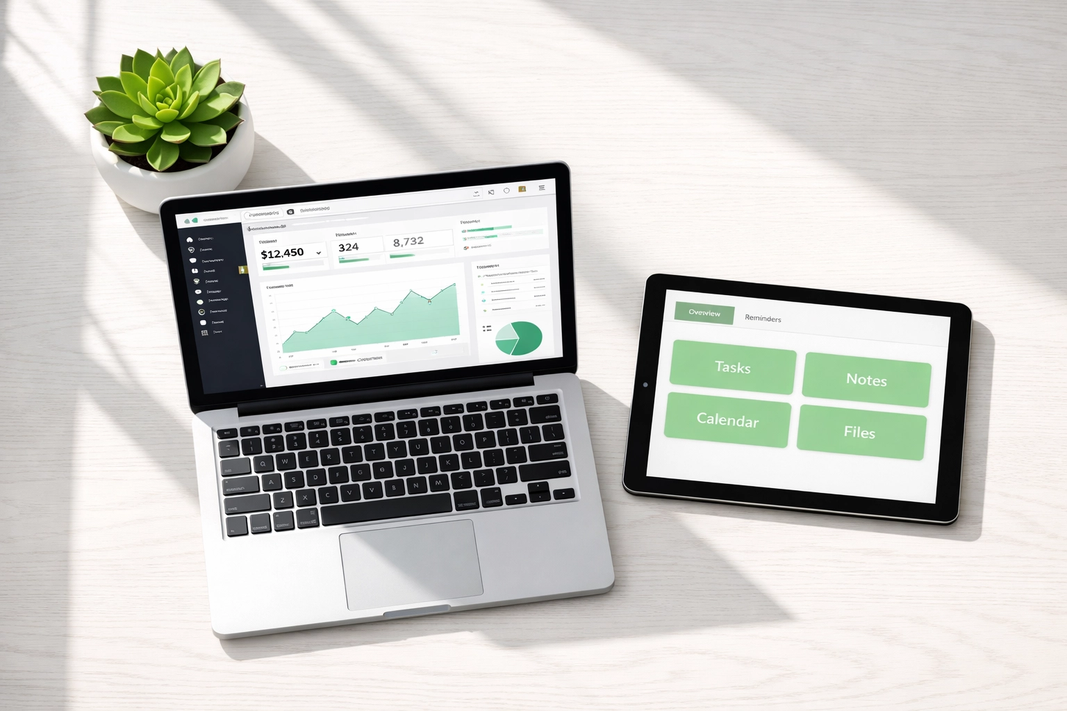 Minimalist desk with laptop and tablet showing a user-friendly website interface for a small local business.