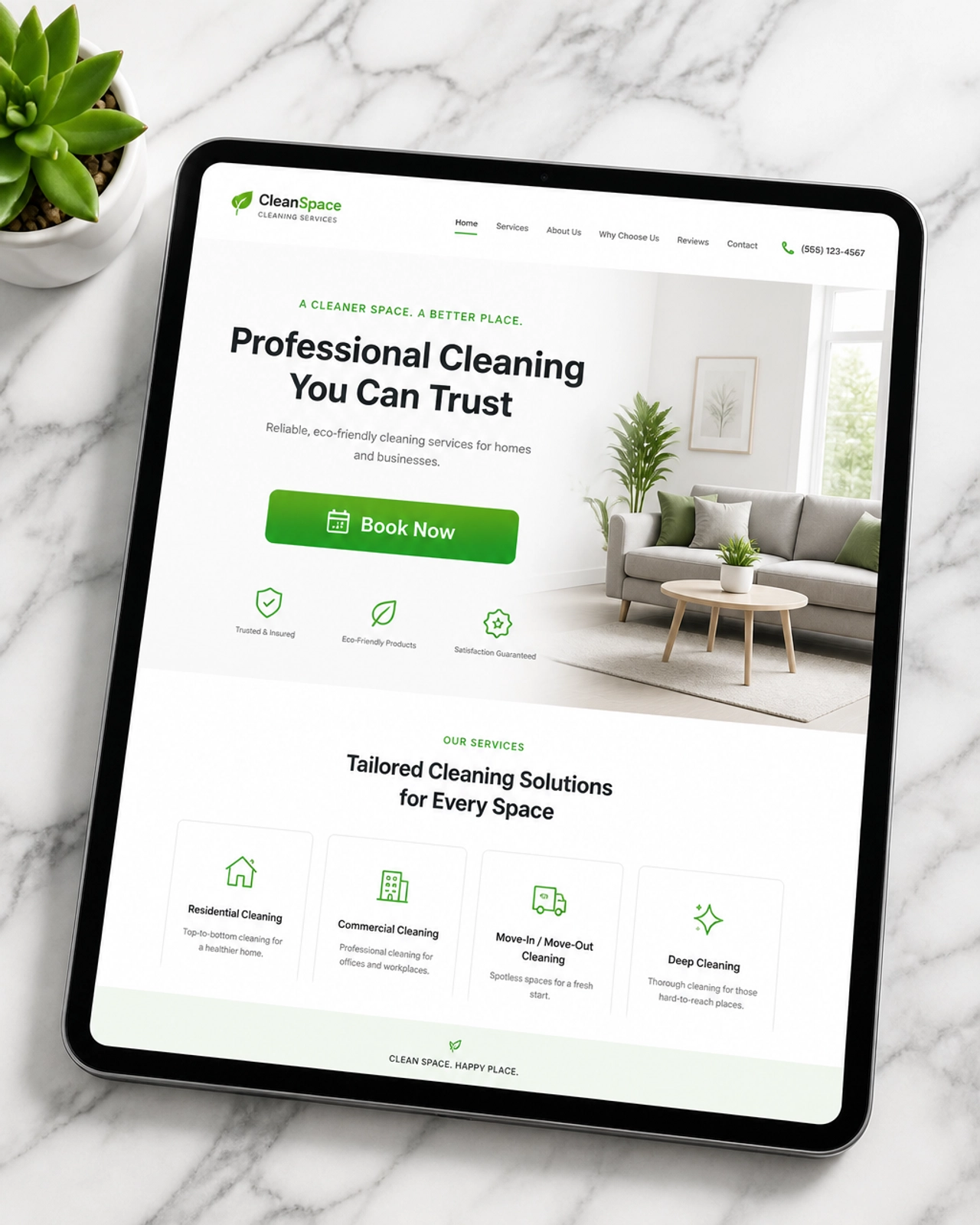 A sleek, professional website interface displayed on a tablet. The design is minimalist with plenty of white space and a bold green 'Book Now' call-to-action button in the center.