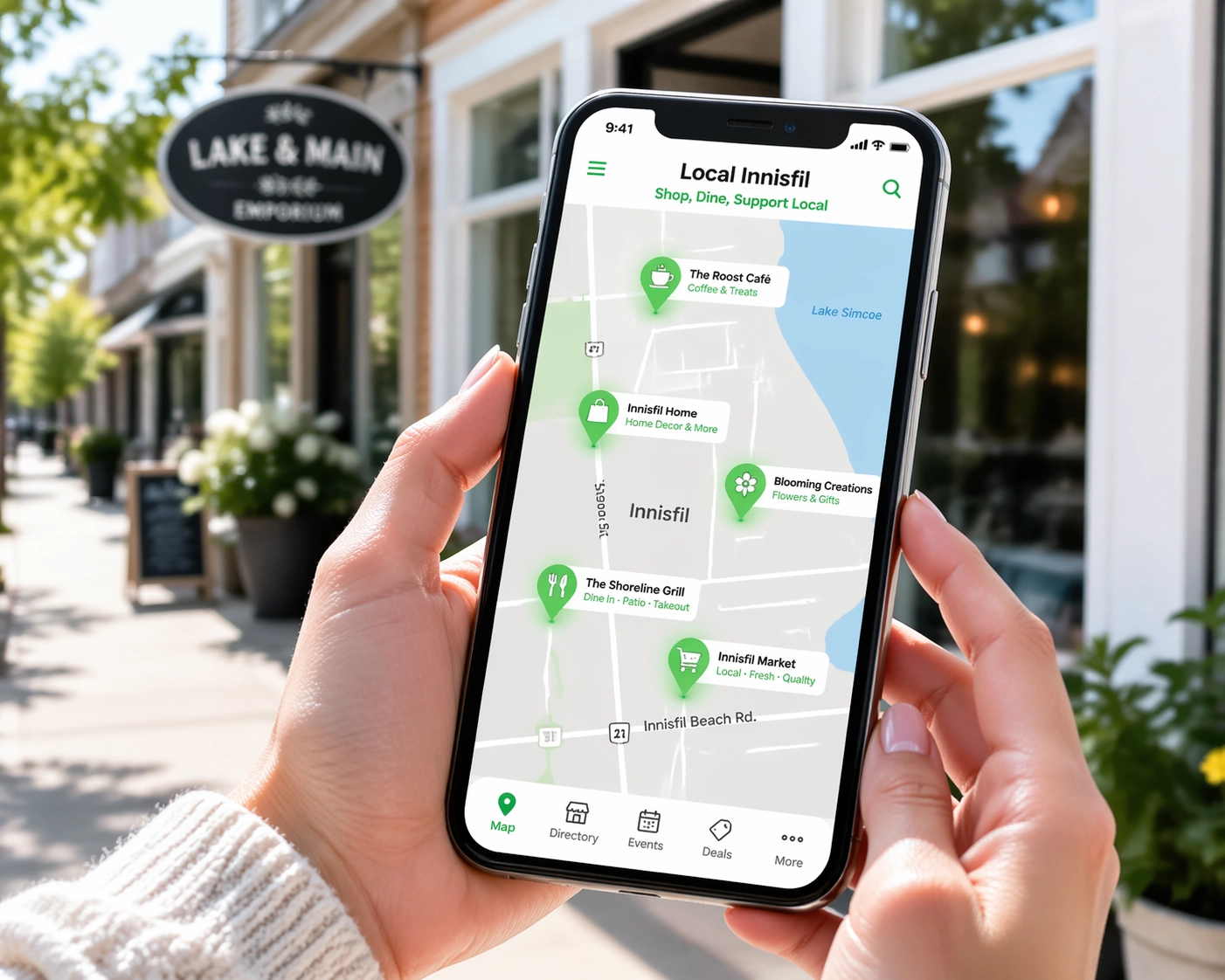 Smartphone screen displaying local business search results and map pins for local SEO.