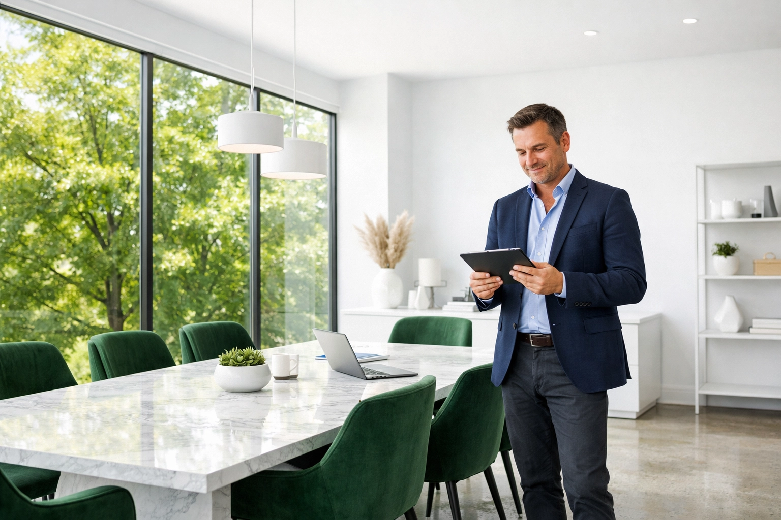 Business professional in a bright Innisfil office managing growth with the help of a local digital service partner.