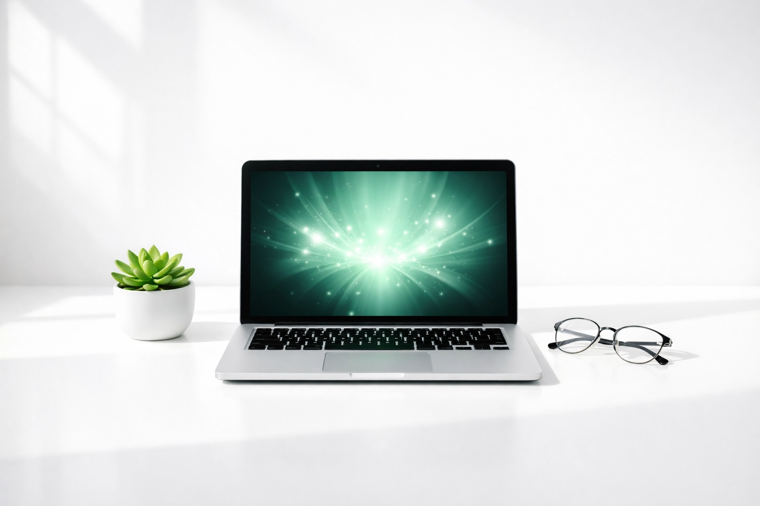A sleek laptop in a bright office representing modern AI search and digital intelligence for businesses.