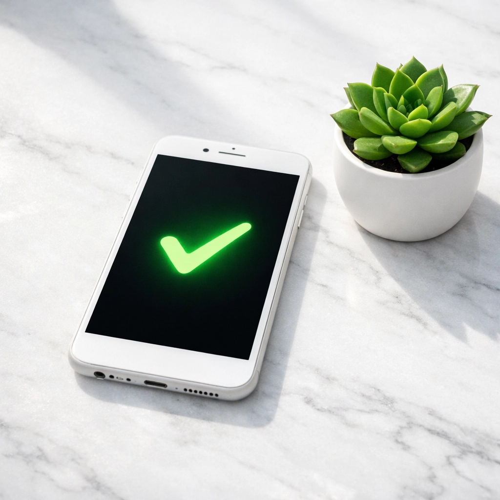 White smartphone with a checkmark icon symbolizing successful business conversion tracking and website results.