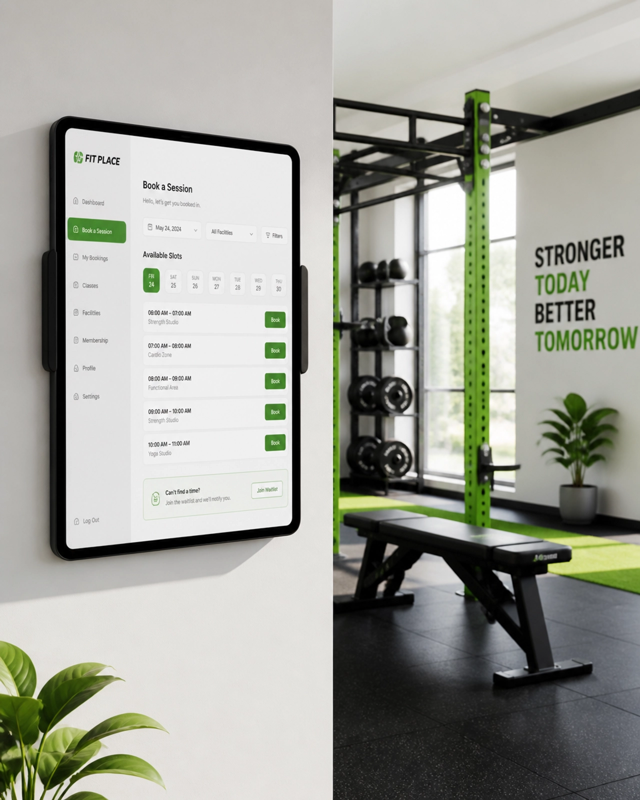 A custom booking application displayed on a tablet in a modern gym