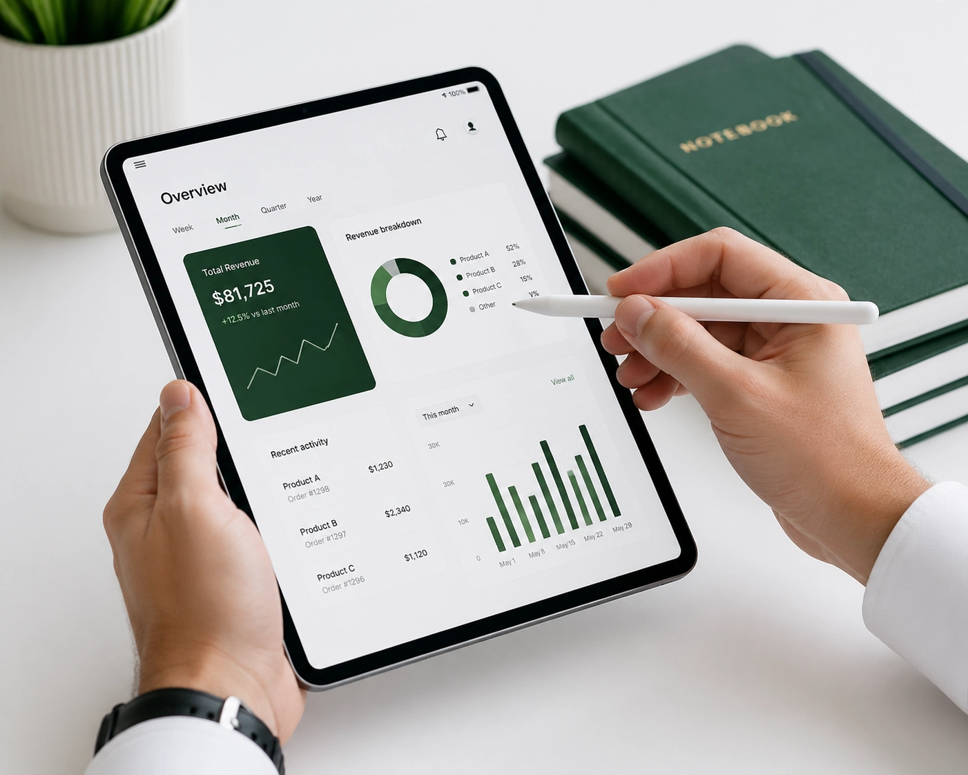 A tablet user interacting with an intuitive navigation menu for a better small business customer experience.