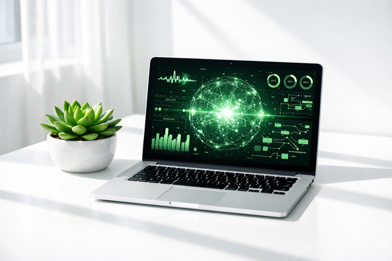Modern workspace with a laptop showing AI data synthesis, representing professional website creation.