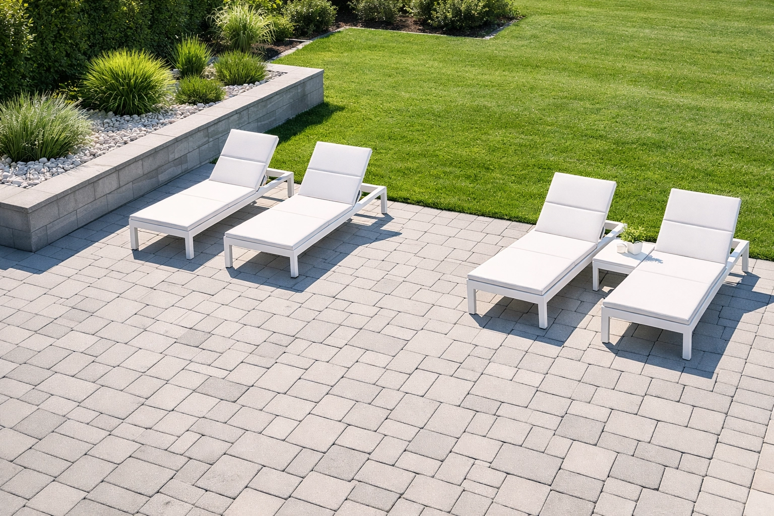 Professional landscaping project with grey interlocking patio stones and a manicured green lawn.