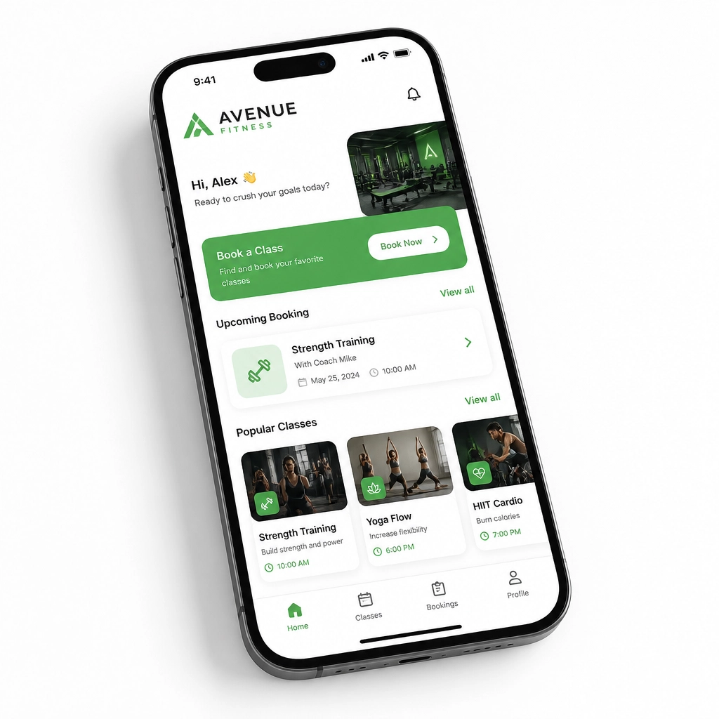 A professional smartphone interface showing a custom-designed booking app for a local gym