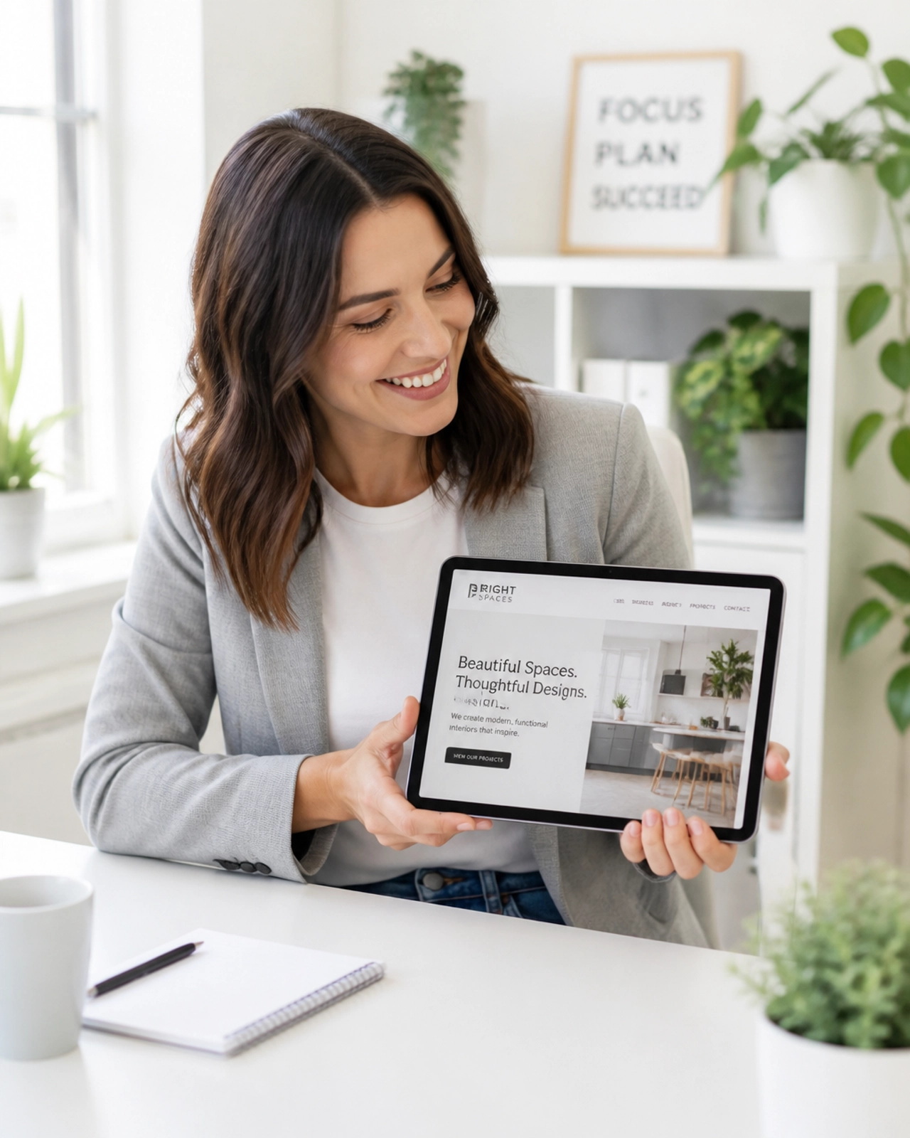 A business owner smiling while using a tablet in a bright office
